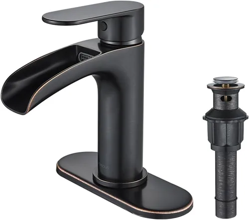 FORIOUS Grifo de baño de bronce aceitado con un solo agujero, grifo de lavabo de baño de una sola manija de 1 o 3 agujeros con drenaje desplegable