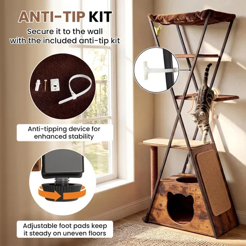 Miniatura 5 de Árbol moderno de madera para gatos grandes de 71 pulgadas, torre alta y resistente para gatos de interior, muebles para gatos de varios niveles