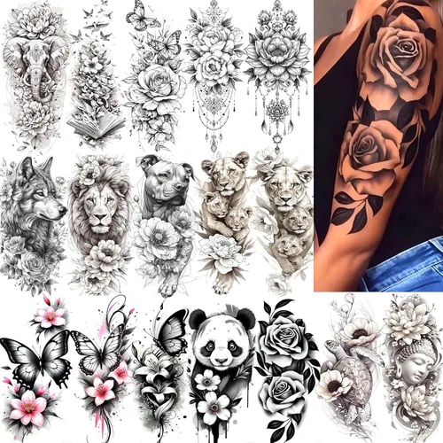 Miniatura 10 de FANRUI 24 hojas de manga de tatuaje temporal de brazo completo súper grande para hombres con 8 hojas de tatuajes temporales de manga completa