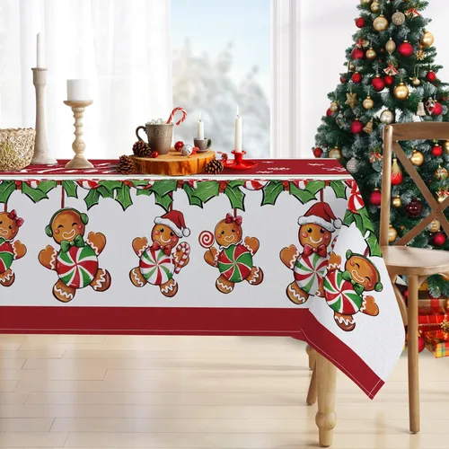 Miniatura 4 de Mantel cuadrado de hombre de jengibre con texto en inglés "Merry Christmas" de 60 x 60 pulgadas, mantel decorativo para mesa de comedor, decoración
