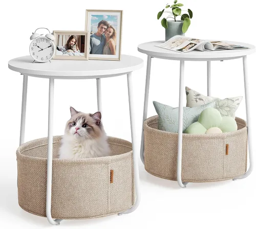 Miniatura 8 de VASAGLE Mesitas de noche, Juego de 2 Pequeñas Mesas Redondas con Cesta de Tela, Mesas de Noche, para Dormitorio, Gris Cemento y Blanco Crema