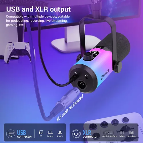 Miniatura 3 de FDUCE Juego de micrófono dinámico para juegos, micrófono de computadora USB/XLR para podcast con soporte de brazo extensible, luz RGB, botón