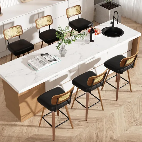 Miniatura 11 de Juego de 1 taburete de bar giratorio, taburetes de bar tapizados de 26" de altura para encimera con respaldo de nogal y patas de madera curvada