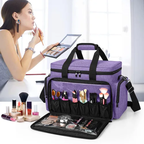 Miniatura 7 de BAFASO Bolsa de maquillaje grande con divisores extraíbles, estuche de maquillaje de viaje para cosméticos y suministros para el cabello
