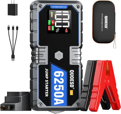 Batería de arranque de salto 6250A (para todo gas o diésel de 9.0+L), 2 puertos USB, arranque de coche portátil de 12 V con pantalla HD de 3.2