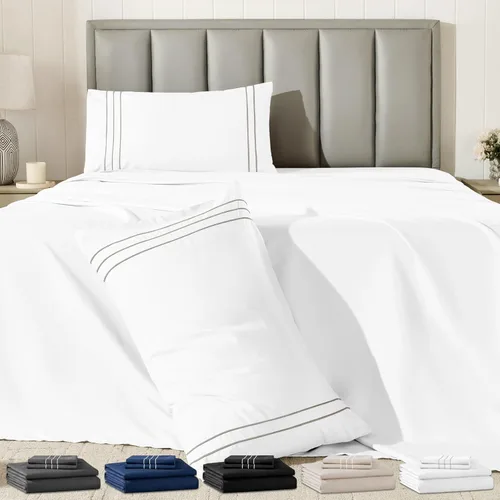 Miniatura 10 de Juego de sábanas tamaño individual con funda de almohada bordada, sábanas de microfibra ultrasuave de 3 piezas, comodidad de hotel de lujo, sábana