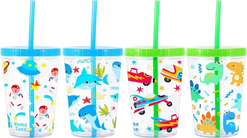 Miniatura 7 de Vaso de agua para niños de 16 onzas, paquete de 4 unidades, sin BPA, tapa con pajilla, reutilizable, ligero, a prueba de derrames, con bonito diseño