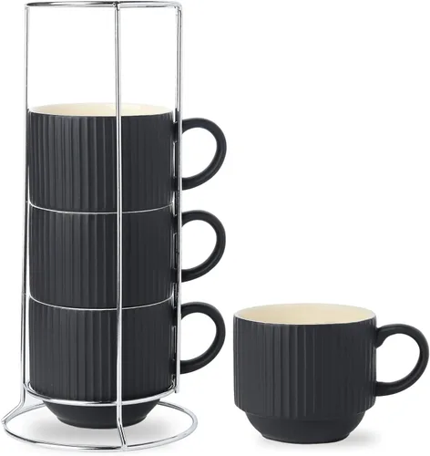HASENSE Juego de 4 tazas de café de cerámica con soporte, tazas grandes apilables para café con soporte de metal, aptas para lavavajillas y Negro