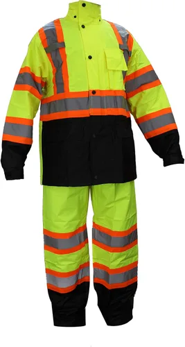 RW-CLA3-TLM55 Y OR77 Clase 3 Traje de lluvia, chaqueta, pantalones de alta visibilidad reflectante fondo negro