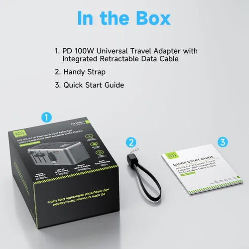 Miniatura 9 de Minthouz Adaptador de viaje universal, adaptador de corriente internacional de 100 W, cargador rápido GaN con 2 USB-C PD, 1 cable USB-C y puertos A