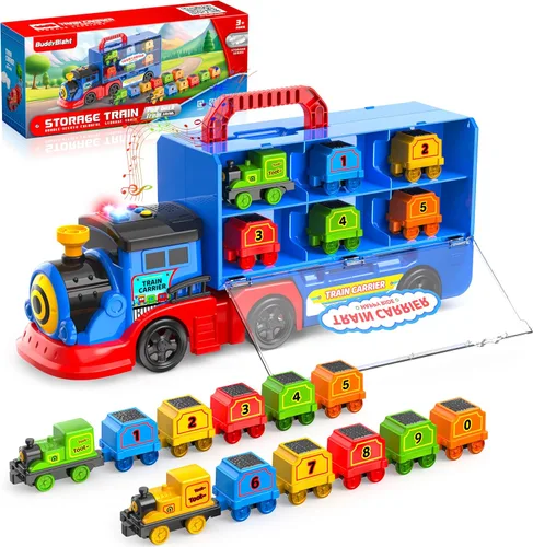 Miniatura 8 de Juego de tren de juguete 2 en 1 para niños pequeños, base de tren de catapulta con grúa torre móvil, 8 pequeños trenes magnéticos, efecto de luz