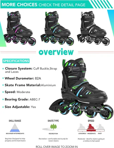 Miniatura 6 de METROLLER Patines en línea ajustables para niñas y niños con ruedas iluminadas, patines en línea para niños y jóvenes, cuchillas divertidas