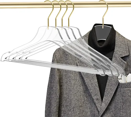 Miniatura 3 de Quality Hangers Perchas de acrílico transparente Lucite – Paquete de 5 con barra de ganchos dorados mate – Perchas para ropa como pantalones, Gancho