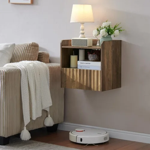 Miniatura 13 de BuildHom Moderna mesita de noche flotante acanalada montada en la pared, juego de 2 mesitas de noche con cajón de almacenamiento y estante