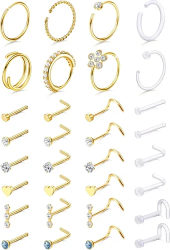 THUNARAZ 32 anillos de nariz para mujeres y hombres – Retenedor de acero inoxidable quirúrgico hipoalergénico en forma de L transparente, recto,