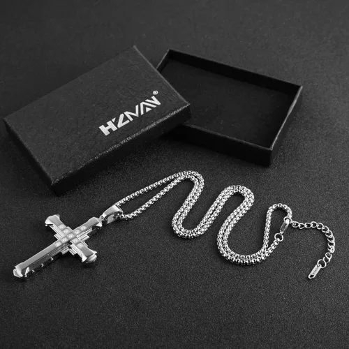 Miniatura 7 de HZMAN Religion - Collar con colgante de cruz de circonita cúbica de acero inoxidable bizantino grande para hombre, cadena de 22 + 2 pulgadas
