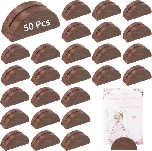 Paquete de 50 soportes para números de mesa, pequeños tarjeteros de madera, elegante diseño medio redondo para tarjetas de identificación,