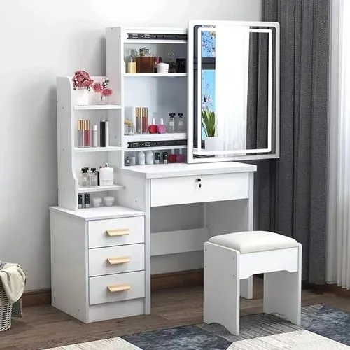 Escritorio de maquillaje con espejo y luces, multifuncional, 3 modos de luz de color, para dormitorio, tocador, silla, asas de madera y un candado,