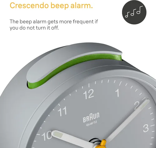 Miniatura 2 de Braun Classic - Reloj despertador analógico con repetición y luz, movimiento silencioso de cuarzo, alarma de pitido creciente en gris, modelo BC12G.