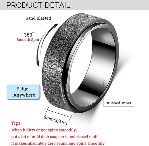 Miniatura 7 de Anillo giratorio para ansiedad para hombres, acero inoxidable, anillos de ansiedad para mujeres y hombres, 0.315 pulgadas de ancho, color negro
