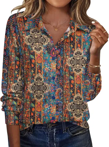 Miniatura 2 de Zeagoo Blusa para mujer, de manga larga, con botones, casual, ligera, lisa/estampada