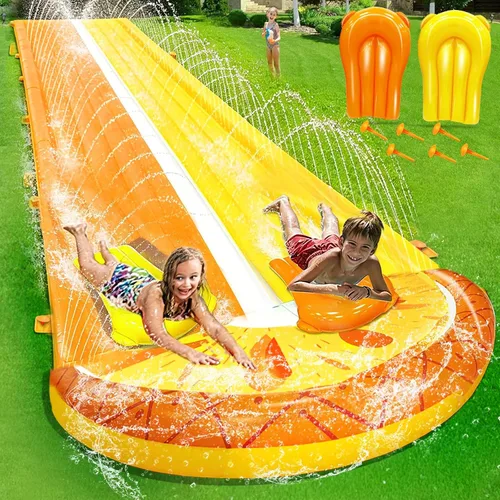 iGeeKid Toboganes de agua de piña con 2 tablas de bodyboards para niños y adultos, juguetes de agua resistentes, aspersores, 2 carriles de carreras,