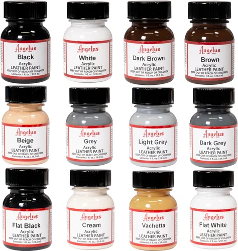 Angelus Kit de inicio de pintura acrílica para cuero, juego de 12 unidades de pintura de 1 onza negros, marrones, blancos, gris, beige, crema