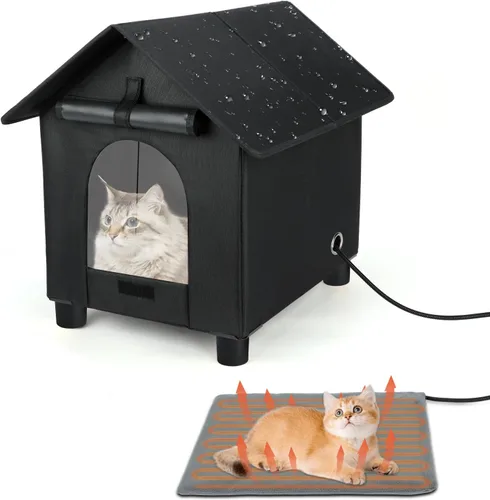 Casas térmicas para gatos en invierno, impermeables, casa para gatos con calefacción elevada, aislada, exterior, refugio con puerta de escape para
