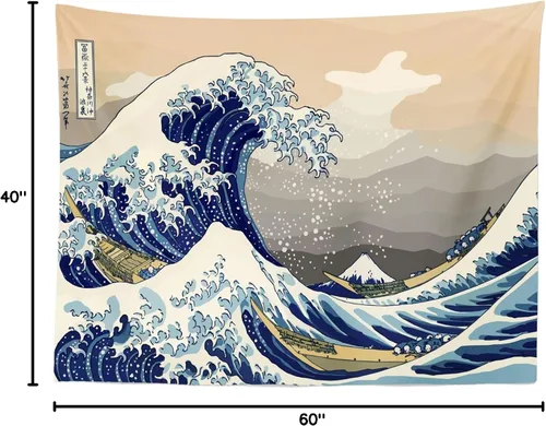 Miniatura 8 de CORFOTO Tapiz retro de 60 x 40 pulgadas, prefectura japonesa de Kanagawa, tapiz de ondas japonesas antiguas, tapices de estilo japonés