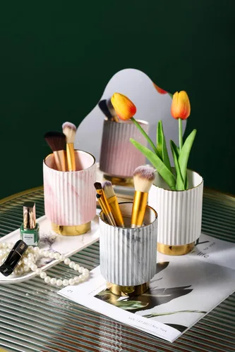 Miniatura 6 de IEEK Soporte para brochas de maquillaje, organizador de brochas de maquillaje y vasos de vidrio, organizador de cepillos de dientes para baño, Gris