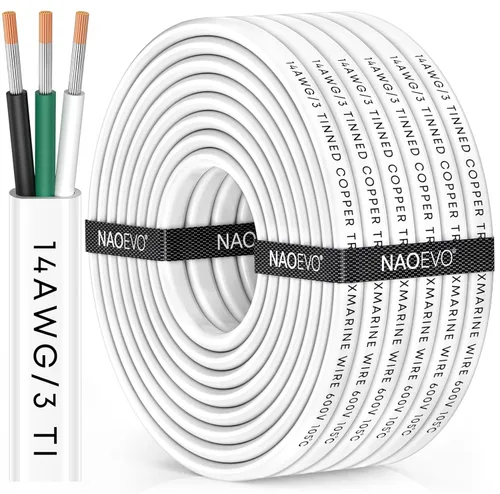 NAOEVO Cable marino de calibre 14, cable eléctrico marino triplex 14/3, resistente al agua/aislado de PVC/cobre estañado sin oxígeno, cable de 14