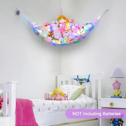 Miniatura 4 de Unicorn Castle Hamaca de red para animales de peluche, almacenamiento de juguetes con luz LED, organizador de juguetes de felpa para colgar