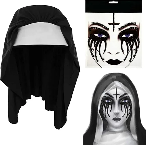 Saturey Juego de accesorios para disfraz de monja de Halloween, con diamantes de imitación temporales, tatuaje facial temporal para Halloween,