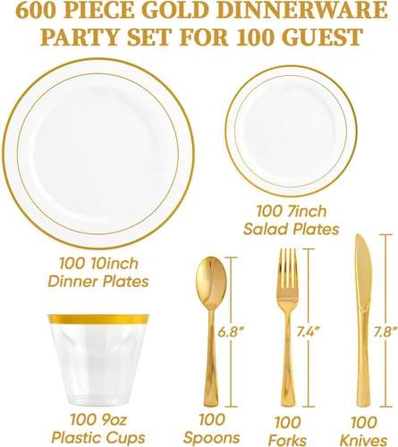 Miniatura 2 de FOCUSLINE Juego de vajilla dorada de 600 piezas para 100 invitados - Platos de plástico desechables con borde dorado, incluye 100 platos de cena