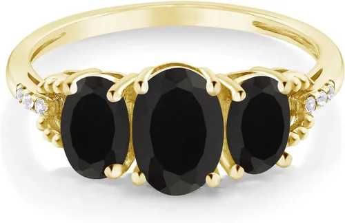 Miniatura 3 de Gem Stone King Anillo de compromiso ovalado de oro amarillo de 10 quilates con ónix negro y diamantes para mujer