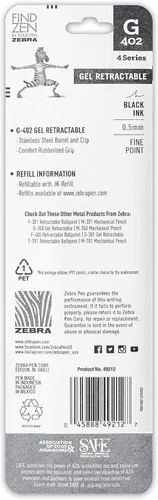Miniatura 4 de Zebra Pen - Bolígrafos de gel retráctiles STEEL G-402 - Punta fina de 0.020 in - Tinta negra lisa - Tinta de secado rápido para evitar manchas ni