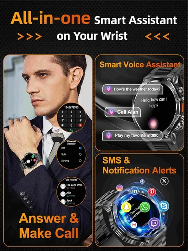 Miniatura 7 de KPEP Military Watches for Men with 2 Straps (Bluetooth Call), 1.75" HD Screen Military Watch with Flashlight, 800mAh Battery, SpO2 Heart Rate Sleep