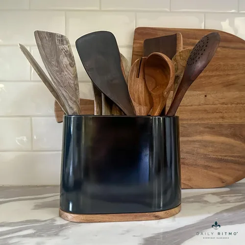 Miniatura 5 de DAILY RITMO® Soporte para utensilios ovalado grande negro con base de bambú y divisor