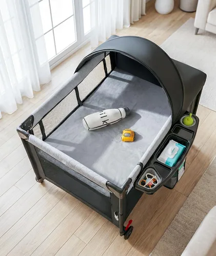 Miniatura 5 de Moisés de bebé 4 en 1 junto a la cama con configuración con una sola mano y colchón impermeable – Parque de juegos certificado por ASTM, corralito