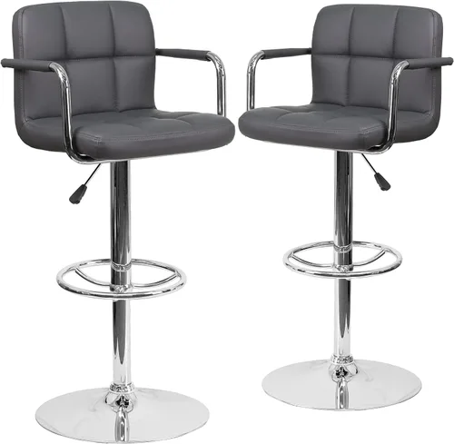 Miniatura 24 de Flash Furniture Taburete de bar de altura ajustable de vinilo acolchado gris contemporáneo con brazos y base cromada