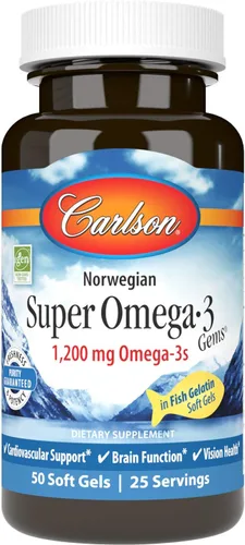 Carlson - Gemas Super Omega-3, 1200 mg Omega-3, noruego, apoyo cardiovascular, función cerebral y salud de la visión, 50 geles blandos