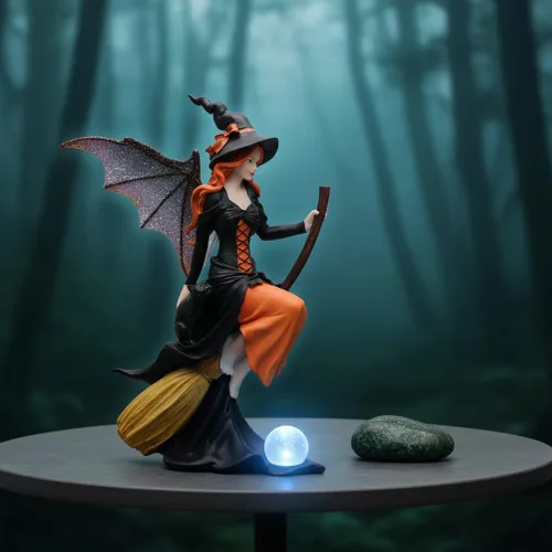 Miniatura 7 de Comfy Hour Figura gótica de bruja de hadas de 8 pulgadas en escoba, estatua de hechicera de fantasía con alas místicas, acento espeluznante