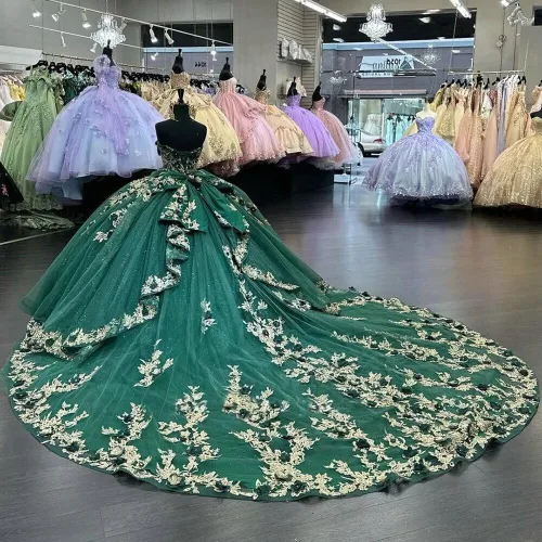 Miniatura 2 de Mouccy Vestidos de quinceañera de encaje de lujo sin tirantes con cuentas hinchadas vestidos largos de baile con tren 3D floral dulce 16 vestidos
