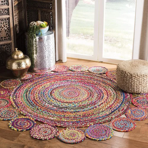 Miniatura 7 de SAFAVIEH Cape Cod Collection CAP211Q - Alfombra redonda de 4 pies, redonda, roja, multicolor, hecha a mano, estilo bohemio, trenzada de yute