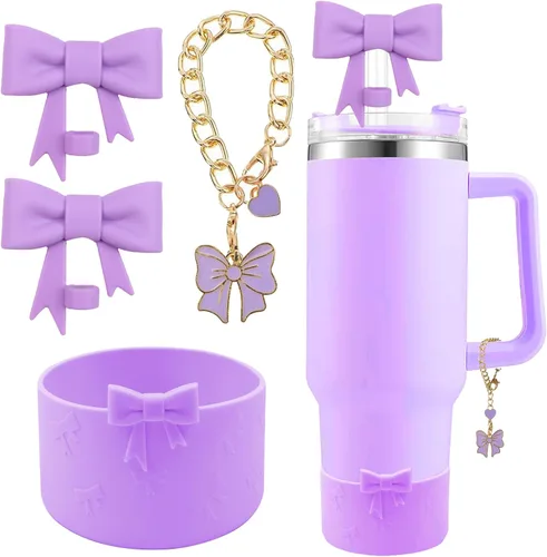 Miniatura 8 de Conjunto de accesorios para taza Hpebl para Stanley, incluye 2 tapas de pajita con moño lindo de 10 mm, tapones reutilizables para pajita, 1 funda