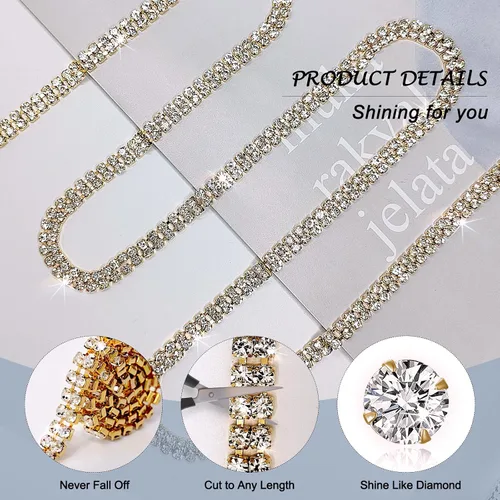 Miniatura 3 de Cadena de cierre de diamantes de imitación de 2 filas de 8 yardas para manualidades, cinta de tiras de diamantes de imitación, decoración