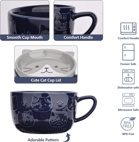 Miniatura 4 de Linda Taza de Cerámica para Gatos con Tapa, Tazas de Café Kawaii o Tazas de Té para Amantes de los Gatos, Tazas Divertidas de Novedad