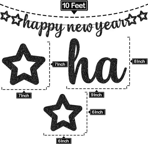 Miniatura 4 de KatchOn, Cartel de feliz año nuevo con purpurina negra – 10 pies, sin bricolaje Cartel negro de feliz año nuevo Suministros para fiesta de Año
