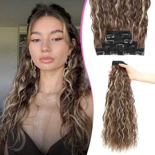 Extensiones de cabello con clip de 20 pulgadas, 4 piezas, color sirena ondulado, rizado, grueso, invisible, trama de encaje color castaño ceniza