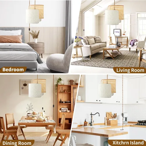 Miniatura 7 de Lámpara colgante boho con enchufe, lámpara de araña boho regulable sin escalones con pantalla tejida de bambú y lino, lámpara colgante enchufable
